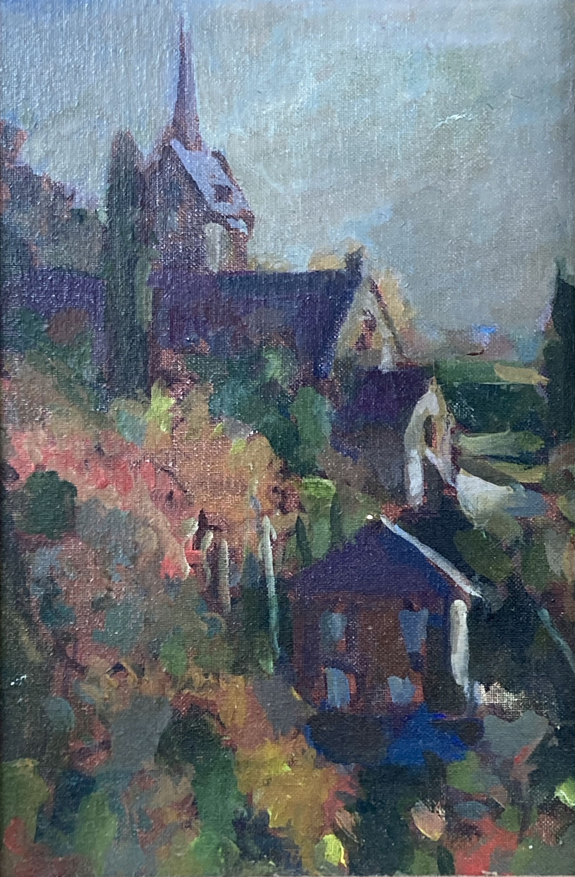 John Speirs, oil on canvas board, View of a hillside church, 24 x 16cm